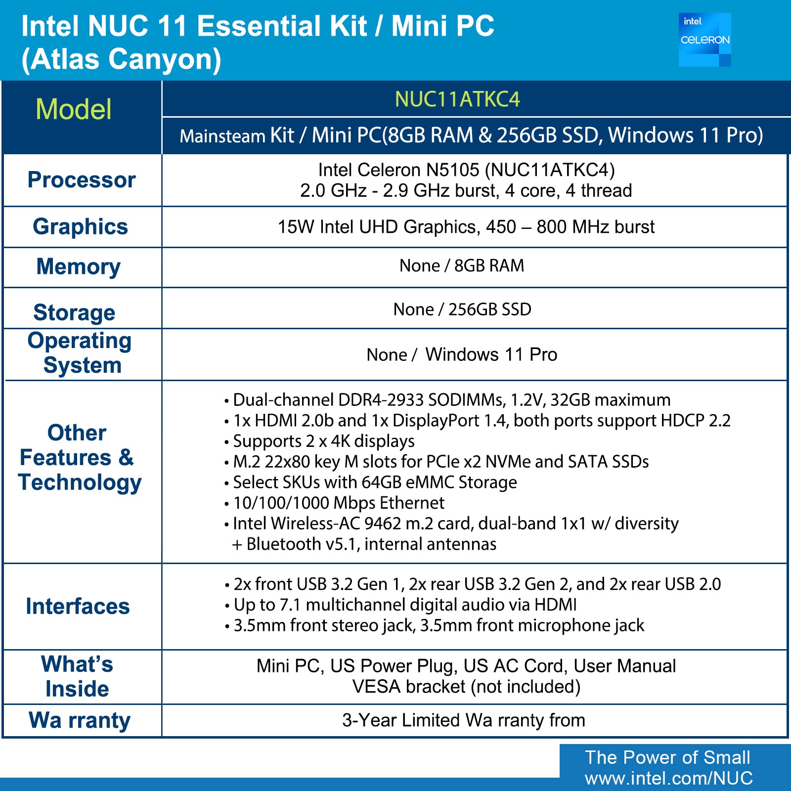 Configuration table of Intel NUC 11 Essential Kit
